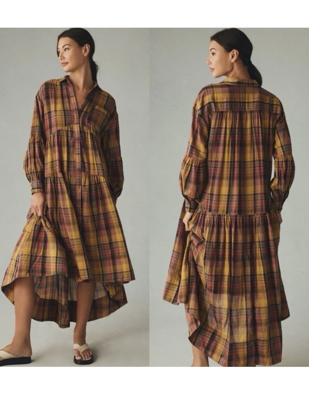 Anthropologie | pilcro Plaid Tiered Button-Front Dress in Mustard and Deep Red - Picture 4 of 15